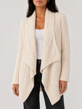 IrelandsEye Glenross Merino Wool Aran Cable Knit Waterfall Cardigan Open Front S